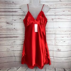 Red Lace Trim Spaghetti Strap Satin Nightgown